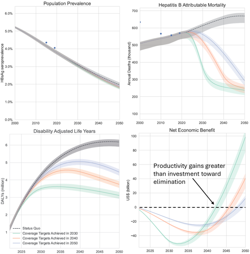 Modelling predicts that achieving hepatitis B elimination targets will begin providing a return on investment starting 2043. This return increases with each year