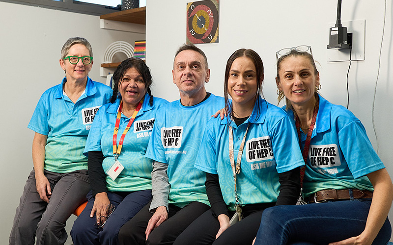 Five clinicians wearing the Every Yarn Counts shirts